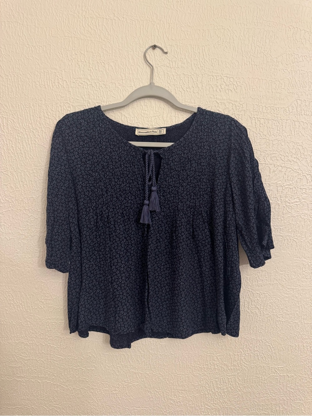 Abercrombie & Fitch Navy Tassel Tie Peasant Top